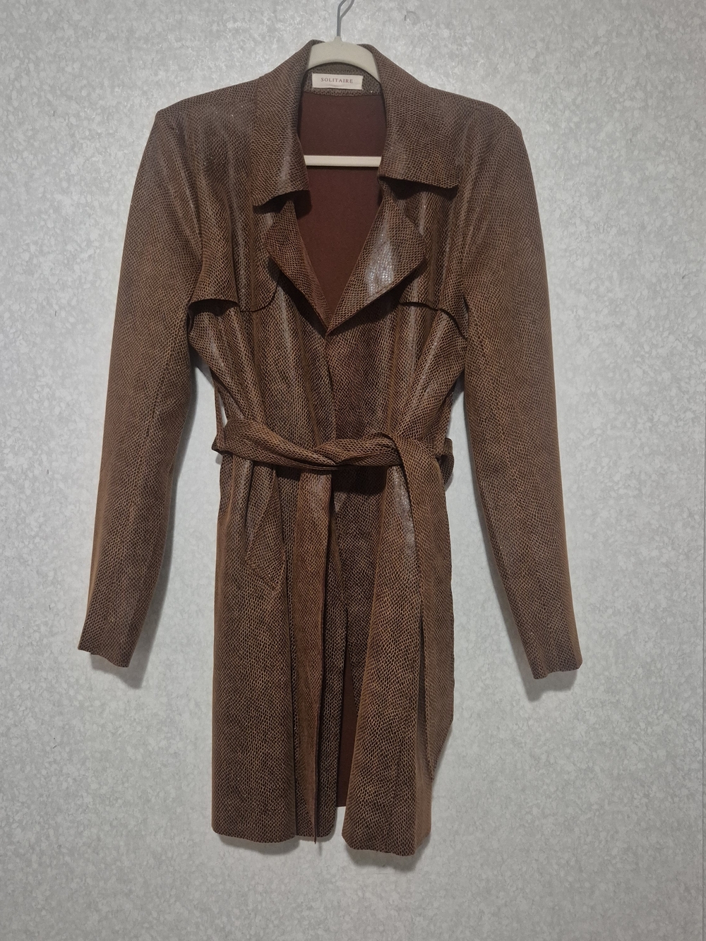 Solitaire Brown Snakeskin Faux-Suede Tie-Waist Trench Coat-Jacket-Size-L